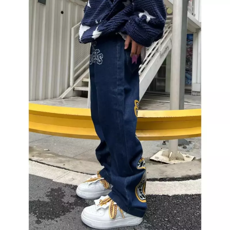 Men's pants star print Y2K retro jeans American hip-hop high waist loose layered straight zipper fashion casual jeans trend
