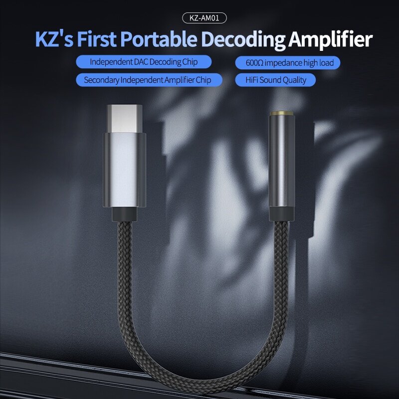 KZ-Adaptateur audio AM01 Type-C vers 3.5mm, 32 bits/384 ENTER, radiateur Hi-Fi + amplificateur IC, puce pour touristes, câble audio pour écouteurs pour KZ Castor Kilra