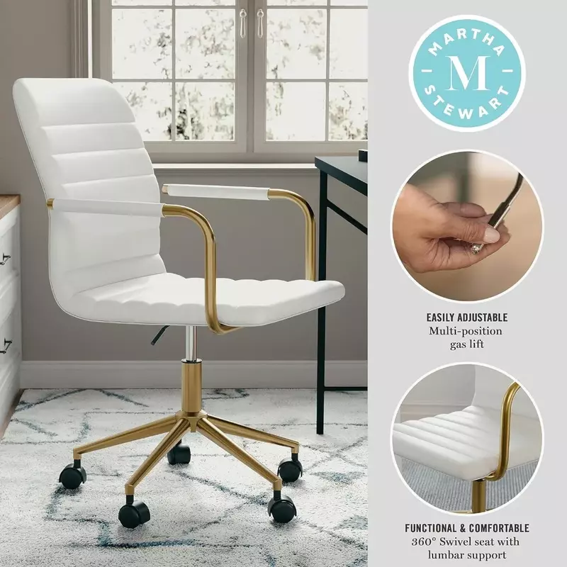 Office chair with swivel armrests, suitable for home office, white faux leather, polished brass frame