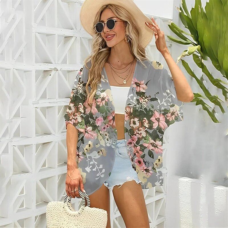 2024 neue Frauen Sommer lange fließende Kimono Strickjacken Boho Chiffon Blumen Strand vertuschen Tops Beach wear Hawaii Chiffon Cardigan Top