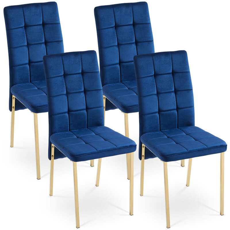 Set mit 4 modernen nordischen Esszimmers tühlen aus dunkelblauem Samt mit hoher Rückenlehne und atember aub enden Beinen in goldener Farbe