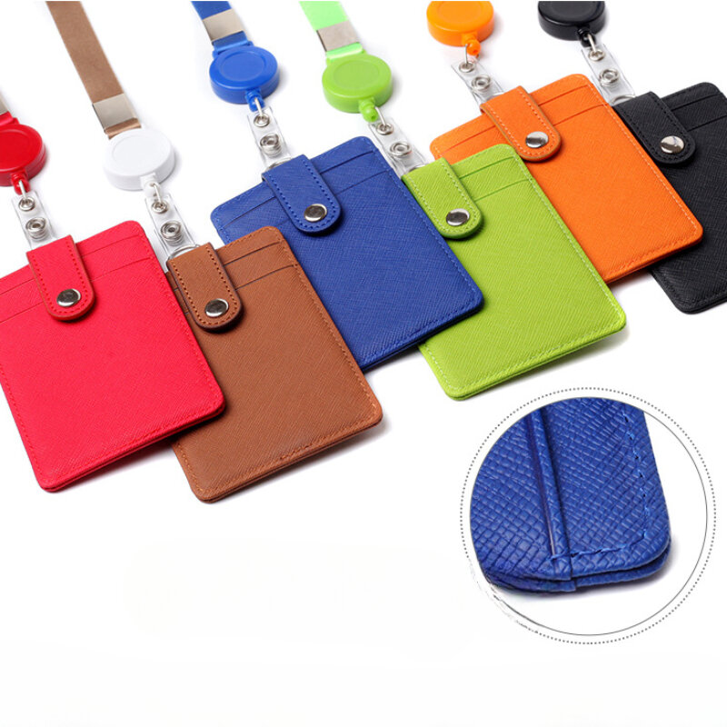 Multifunctional Card Badge Holder with Lanyard Fashion PU Leather ID Lanyard Name Tag Key Chain Card Bag Office Supplies