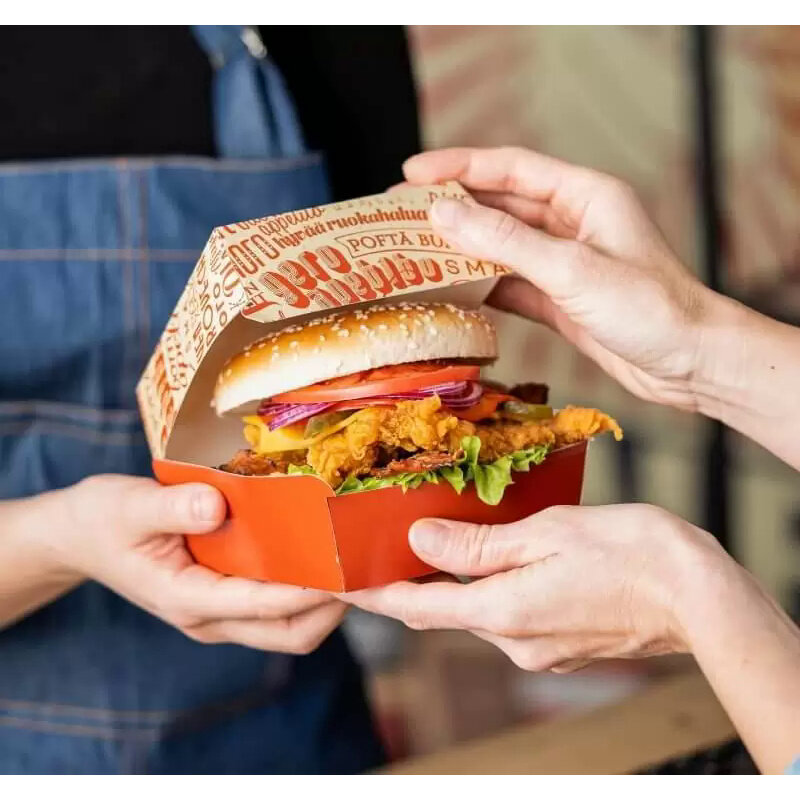 Caja de cartón desechable de grado alimenticio, embalaje personalizado para llevar hamburguesas, papel Kraft