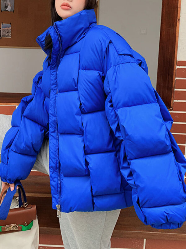 Winter Jacket for Women Three-dimensional Plaid Woven Fashion Coat Solid High Street Warm and Thick 2023 Winter New Down Jacket