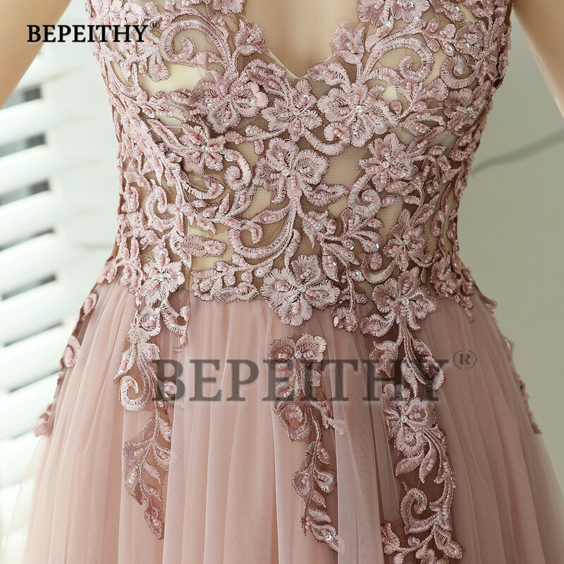 BEPEITHY 여성용 V넥 핑크 파티 드레스, 2023 절묘한 레이스 아플리케 슬릿 드레스, A 라인 무도회 드레스