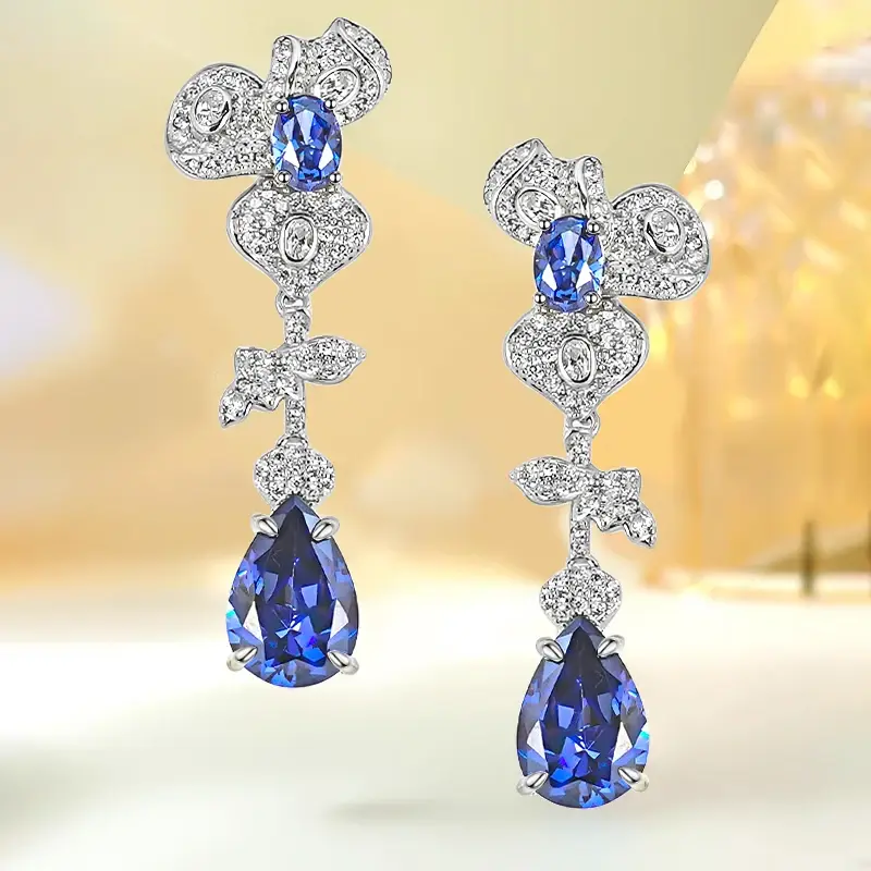 Desire New Flower Earrings with Sterling Silver Inlaid Artificial Gem Earrings, Trendy and Popular Design for Water Drop Women