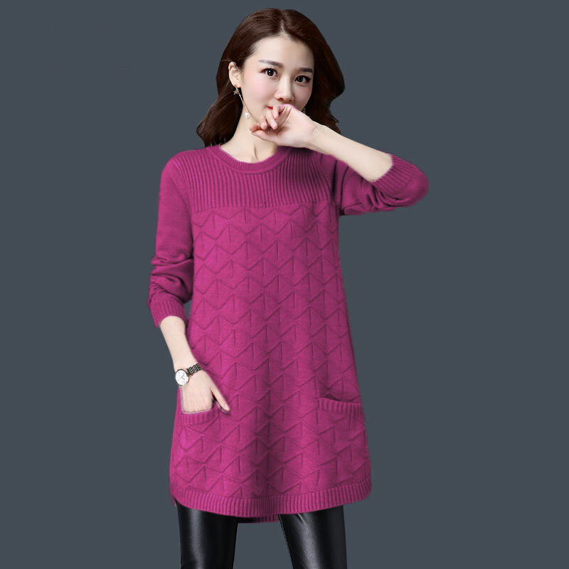 Sweater kasual leher O wanita, atasan pullover hangat bersaku warna polos musim dingin 2023