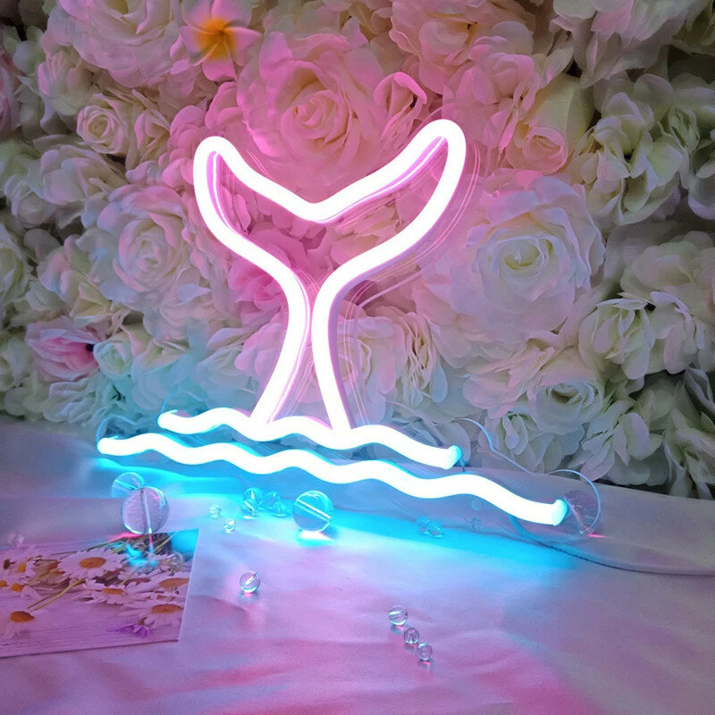 Blue Whale Tail Wave Neon Sign Art Wall Lamp USB Aesthetic Room Decoration Gift For Kid BedRoom Home Bar Party Funny LED Lights