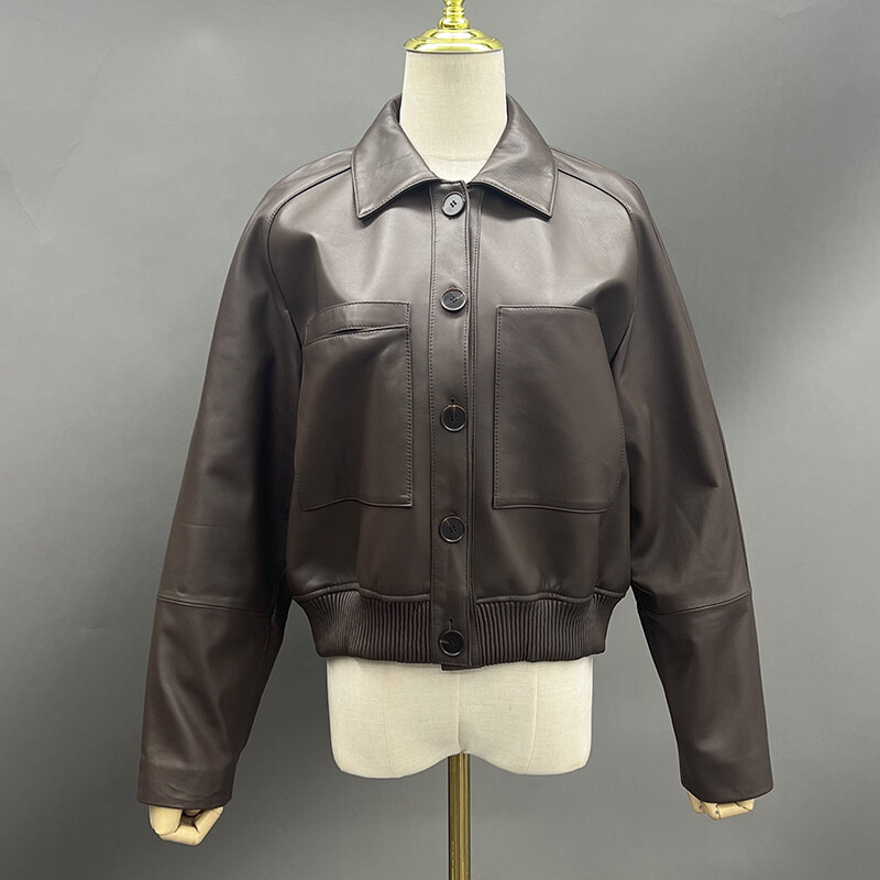 MissjaneFur-女性用ポケット付き本革ジャケット、ラペルカラー、高品質、本物のファッション、2024