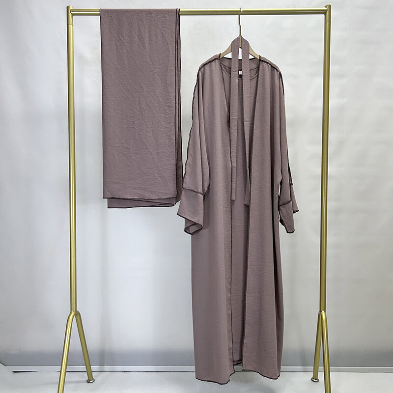 Abaya Set tiga potong dengan sabuk gratis Hijab Kimono Crepe Jazz tanpa lengan di bawah gaun Lebaran pakaian Muslim wanita Islami