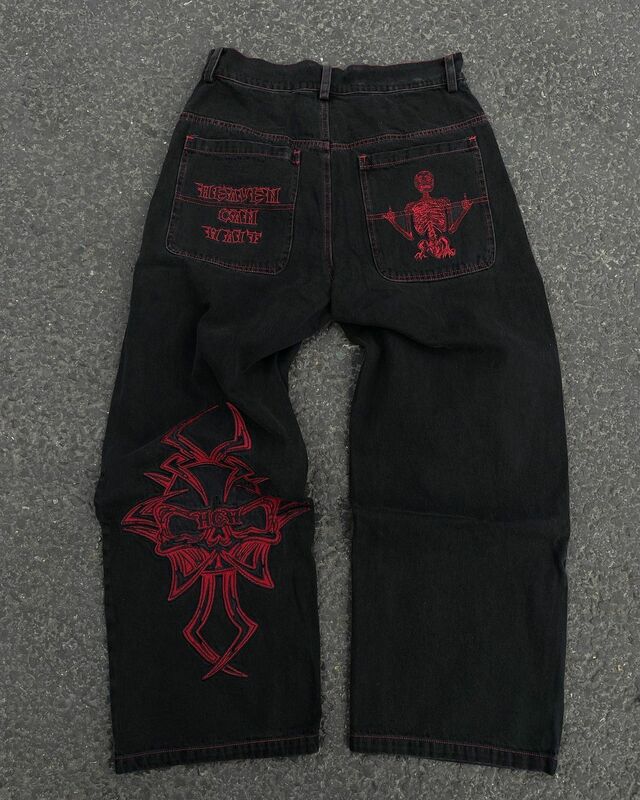 Pantalones vaqueros holgados con gráfico de calavera Retro para hombre, pantalones negros Harajuku, pantalones góticos de pierna ancha, ropa de calle, Punk, Rock, Hip Hop, Y2K