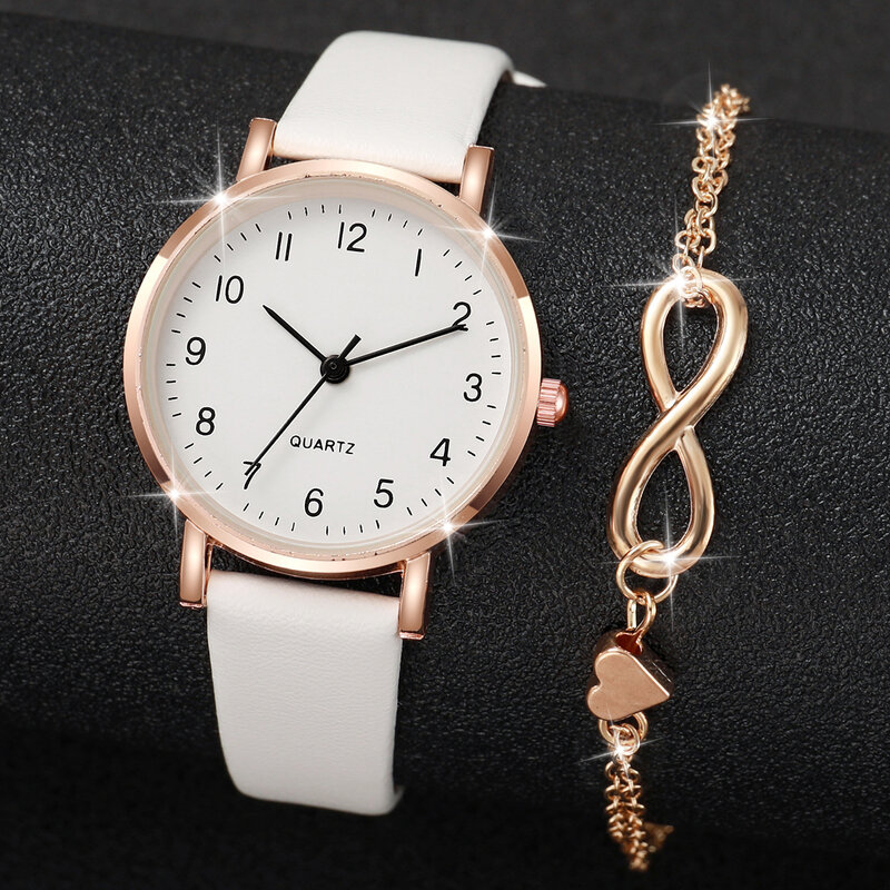 2 Stks/set Vrouwen Witte Leren Band Eenvoudig Quartz Horloge Met Liefde Hart Armband