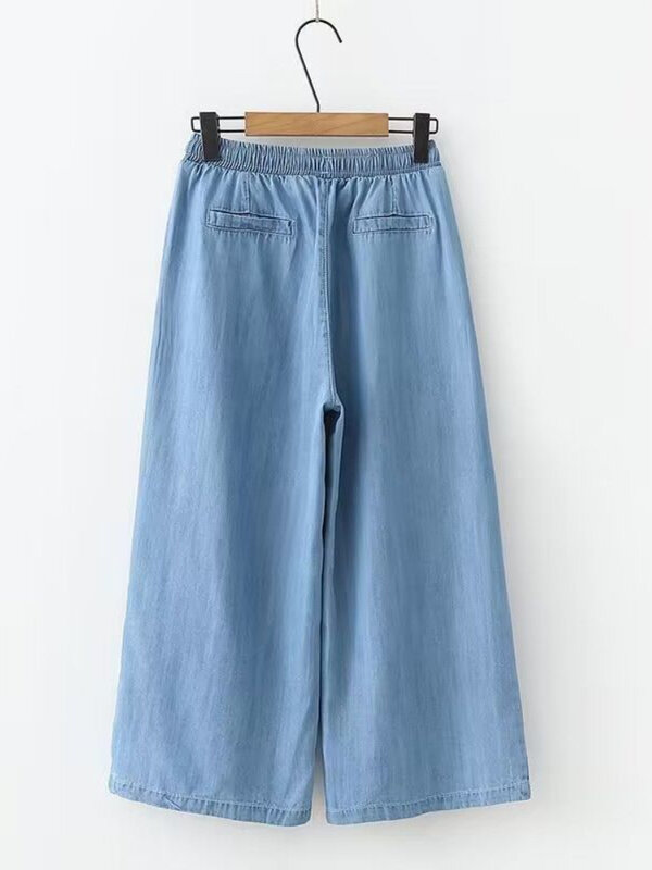 Celana Denim lembut wanita, celana panjang betis lurus ramping mode sederhana longgar pinggang elastis polos Musim Panas 2024