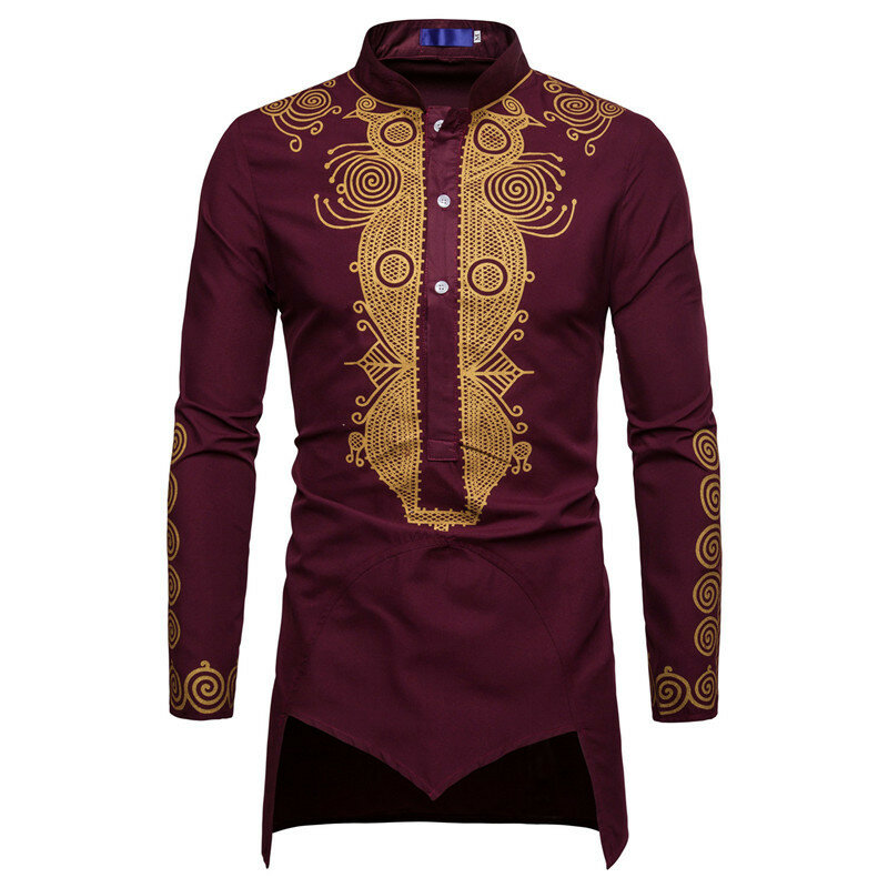 Мусульманская Мужская рубашка, мусульманская одежда, цветные топы со стоячим принтом, рубашки с длинным рукавом с национальным принтом Курта, Мужская народная уличная одежда в стиле хип-хоп