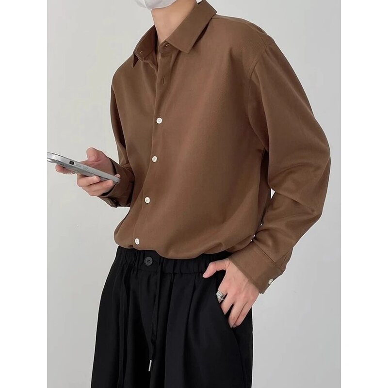 Camisas de manga larga para hombres, camisa de vestir informal suelta, sin hierro, Color sólido, moda Coreana de alta gama, Harajuku, Primavera, nuevo