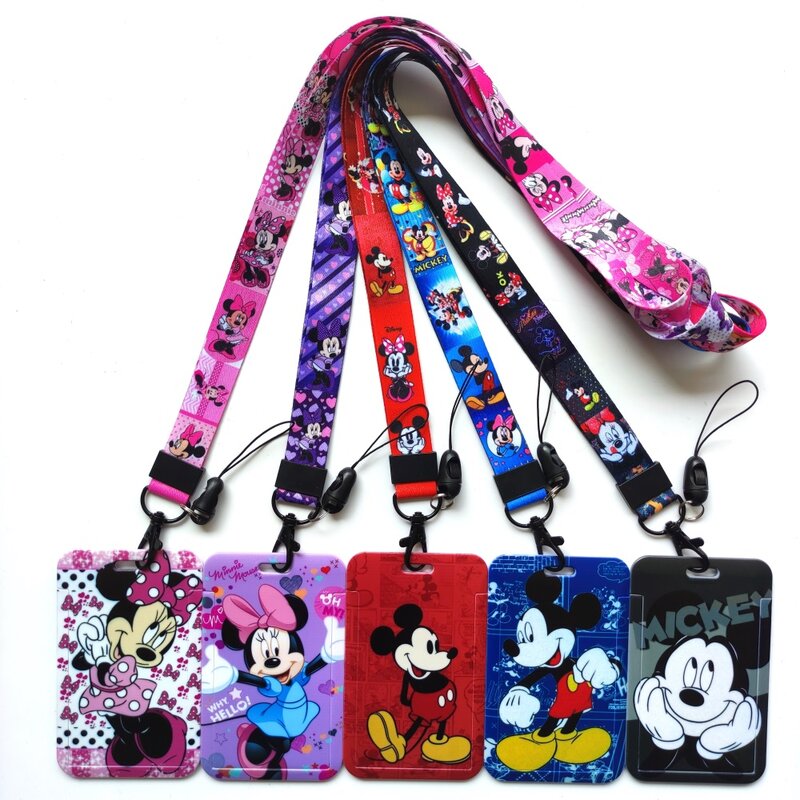 Disney-fundas de plástico duro con cordón deslizante para tarjetas de identificación, soportes para insignias, Mickey, Minnie, niños y niñas