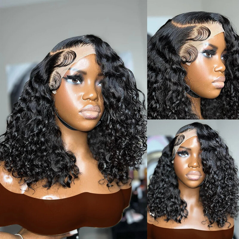Peluca de cabello humano rizado corto para mujer, postizo de encaje frontal transparente, pelo Remy brasileño predespuntado, 4x4, 13x4