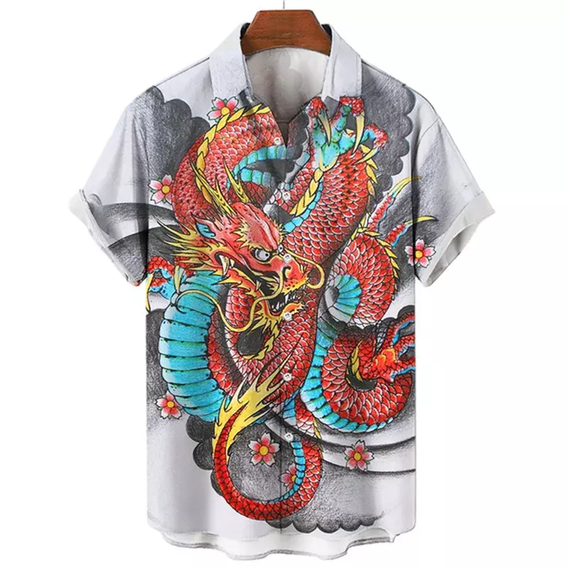 Letnia męska koszula z wzór smoka elementem społecznościowym na co dzień w stylu Vintage koszula hawajska 2023 nowa odzież uliczna Oversize z krótkim rękawem