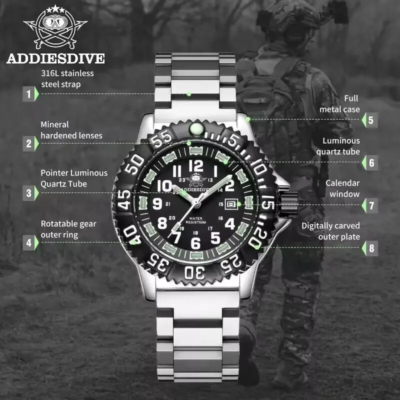 ADDIESDIVE-Relógio de aço inoxidável masculino com mostrador preto, relógios tubulares, quartzo luminoso, Alloy Case, relógios de pulso de mergulho impermeáveis, 50m