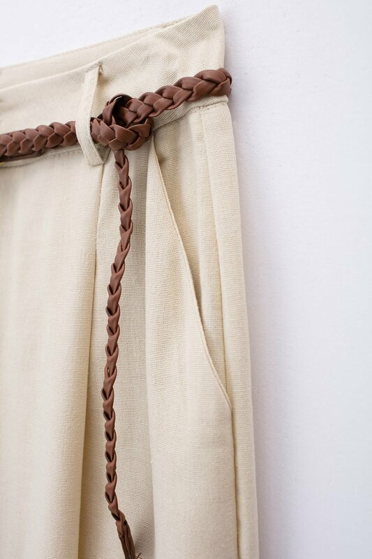 Damska nowa elegancka moda pasek tkany dekoracja na co dzień lniane spodnie proste Retro z wysokim stanem spodnie dla kobiet Mujer