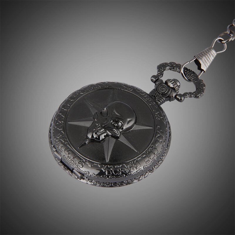 Reloj de bolsillo de cuarzo con diseño de calavera negra para hombres, cronógrafo de estilo Retro con diseño de fuego cruzado, estilo Steampunk, regalo de recuerdo con cadena de cuello de 80cm