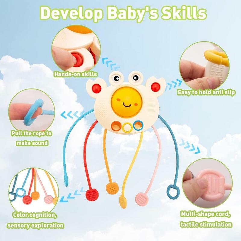 Juguete de dentición de silicona con cuerda de tracción, desarrollo sensorial, juguete educativo de aprendizaje temprano, desarrollo sensorial de dentición