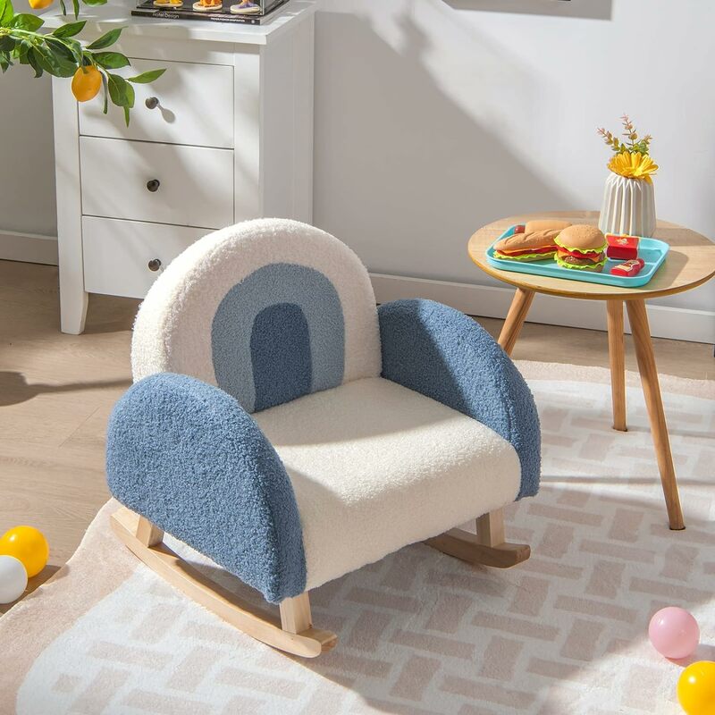 Cadeira de balanço azul infantil, tecido luxuoso, design antiponta, mobília do berçário, mobília do playroom, presente de aniversário
