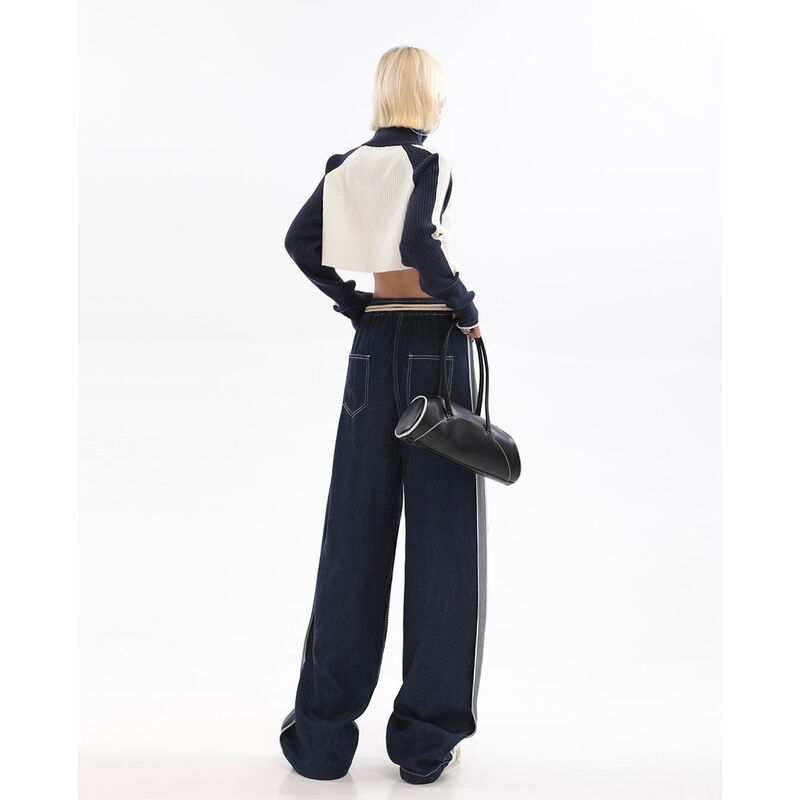 American high street straight jeans women's autumn vintage design sense spliced high-waist mop wide-leg pants trendy ins