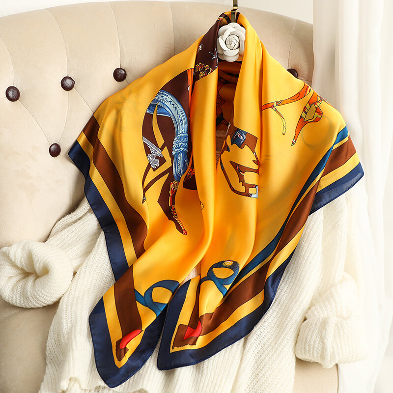 Foulard carré en soie imprimé en Satin pour femmes, 90x90cm, bandeau pour cheveux, Foulard, Foulard, châle, arme, Hijab, Bandana, 2022