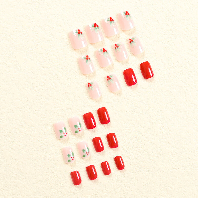 Prensa roja en uñas con hoja verde impresa, fácil de aplicar, fácil de despegar, uñas para uso diario y fiestas