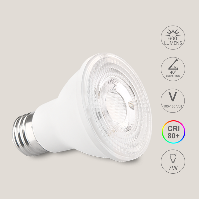 Par20 LEDフラッド電球、調光可能、50w、60w相当、7w、600lm、3000k Warm White、COB、e26、6パック
