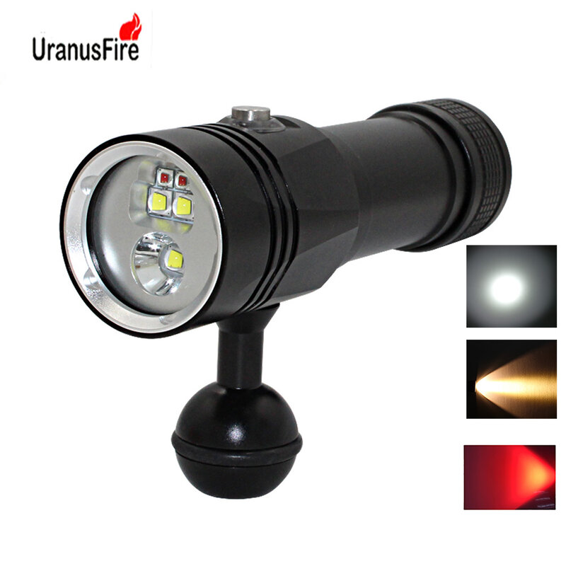 Luz de fotografía y vídeo, linterna de buceo, 3 XM-L2, blanco/amarillo + 2x XPE, roja, resistente al agua, lámpara subacuática + 26650 + cargador