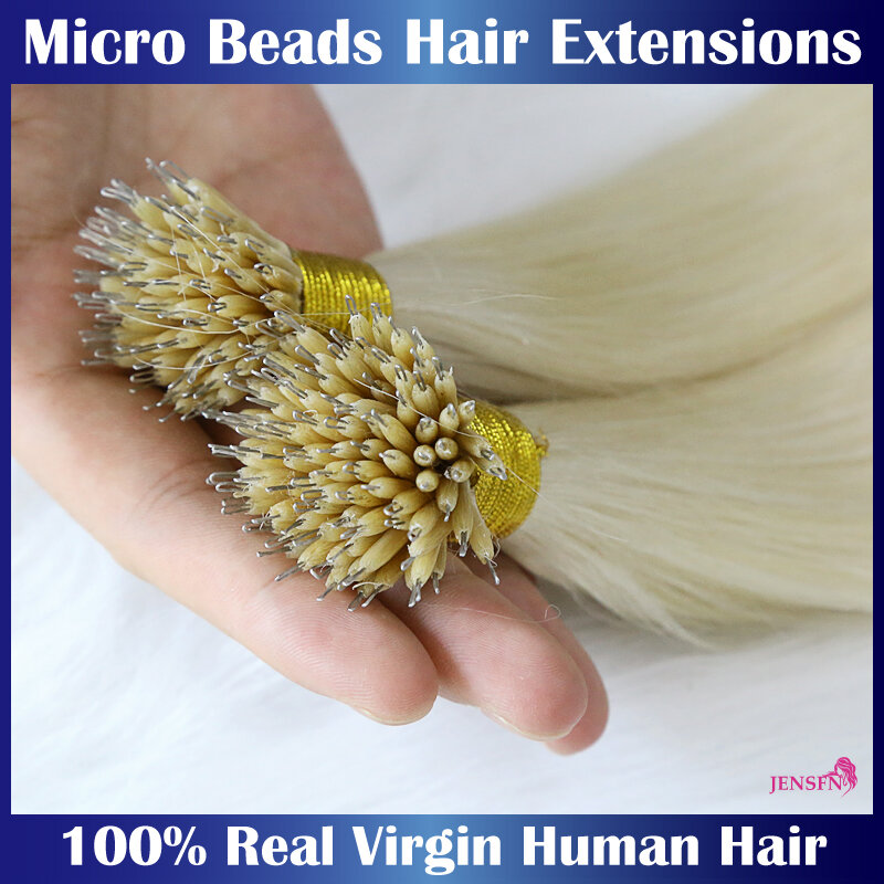 JENSFN ekstensi rambut manik-manik mikro lurus pemanjangan rambut Virgin kualitas tinggi 1g/untai 12-26 inci 613 warna cincin Nano ekstensi rambut manusia
