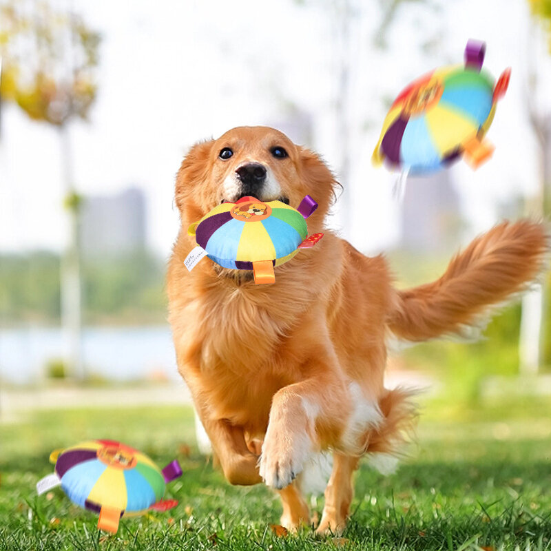 Platillo volador para perros y mascotas, juguete de felpa suave, discos voladores resistentes, suministros interactivos para cachorros