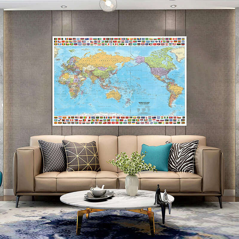 Mapa del mundo en inglés de tela no tejida plegable, 100x70cm, con bandera de país, fondo artístico, decoración de pared, suministros escolares