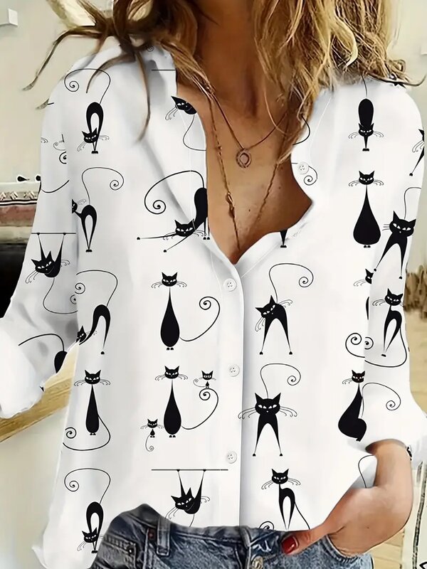 2024 Women's Shirts & blouses Cute Cat Print Button Front Shirt, Casual Lapel Long Sleeve ShirtWomen's Clothing