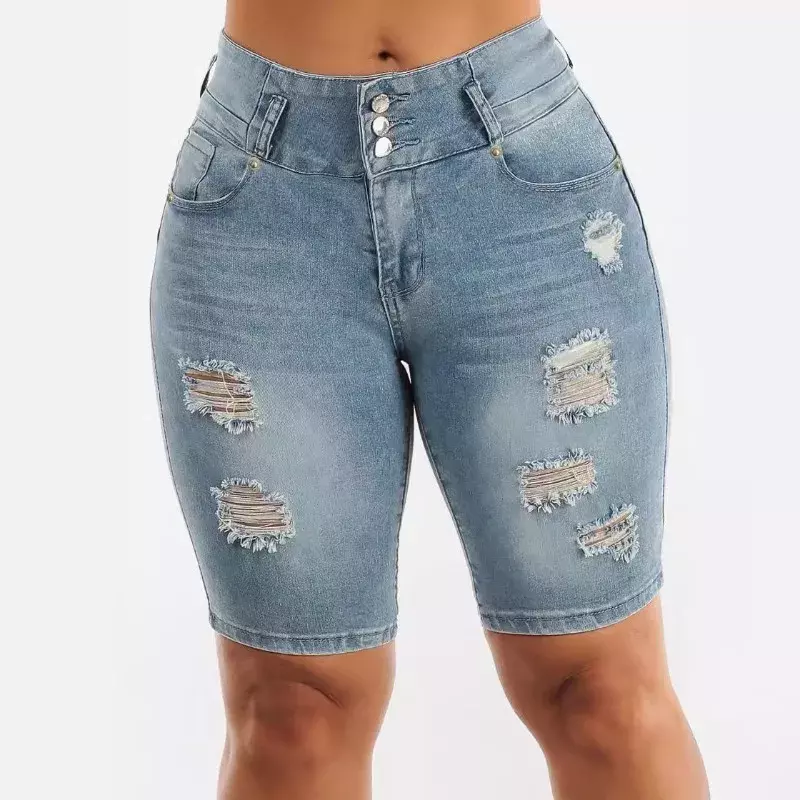 กางเกงยีนส์แต่งลายขาดๆเอวสูงแฟชั่นสำหรับผู้หญิงกางเกงพยุงก้นผ้ายืดเซ็กซี่ลำลองใหม่ celana pendek DENIM