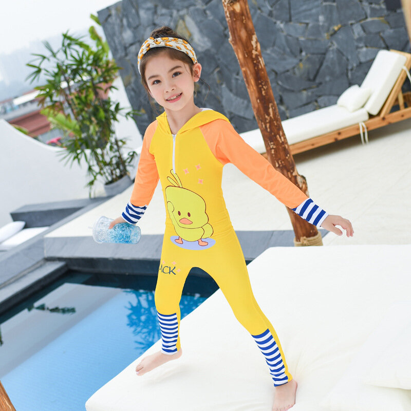 Guarda de Rash completo com capuz infantil, manga comprida estampado em desenhos animados, maiô de peça única para crianças, traje de surf de praia para meninos e meninas, UPF 50 Plus