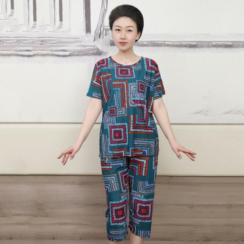 Women Beach Wear Set Women Pajama Top Ethnic Style Women's T-shirt Pants Set with Printed Top Cropped Trousers for Casual Sport