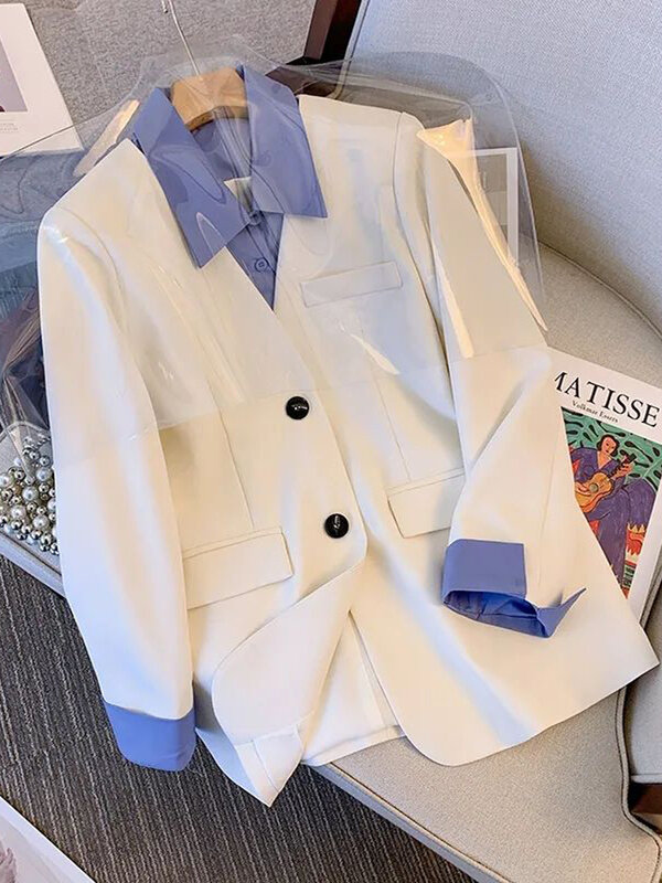 플러스 사이즈 여성용 페이크 투피스 셔츠 스티칭 세트 재킷, 스티칭 디자인 감각 슬리밍 블레이저 탑, 2024 용수철 가을 신상