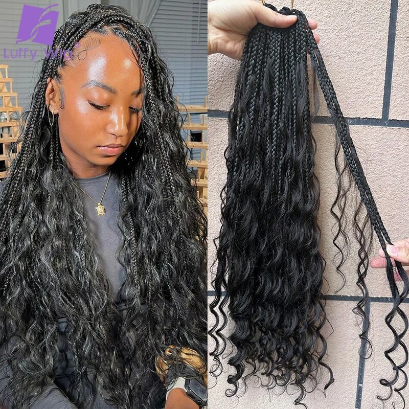 Loose Wave Goddess Boho Box Braids Crochet Human Hair with Curly Ends Synthetic Braid with Human Hair Curls for Black Women 24
