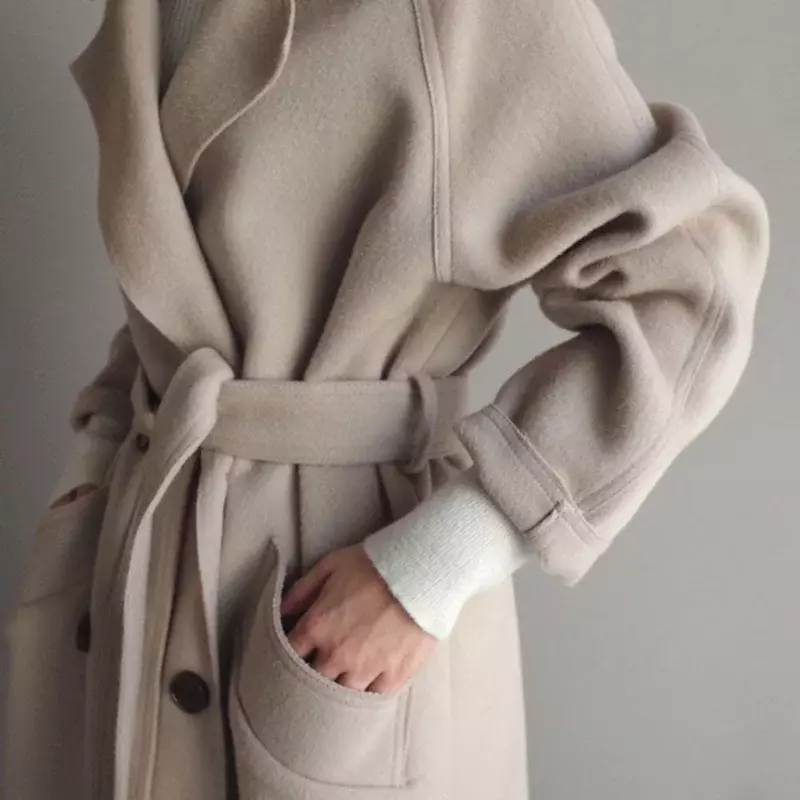 Женское зимнее элегантное шерстяное пальто, однотонное корейское длинное пальто в стиле ретро, черное Простое Шерстяное верблюжьего цвета, бежевое пальто оверсайз