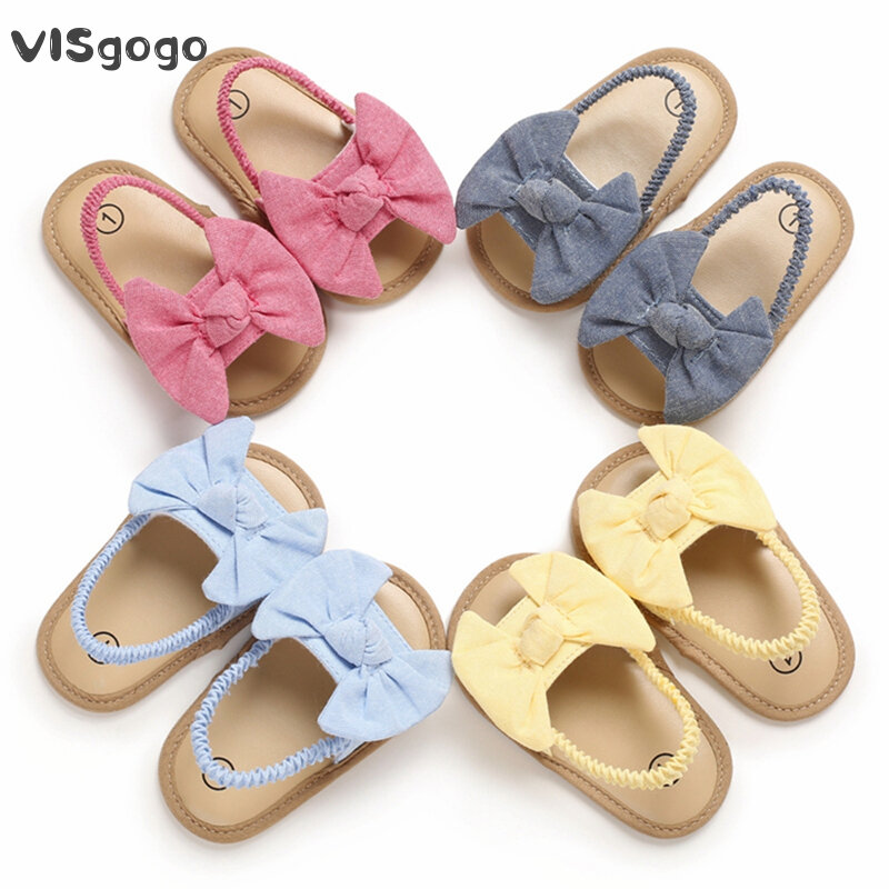 VISgogo 여아용 나비매듭 샌들, 미끄럼 방지, 부드러운 밑창 프리워커, 여름 공주 유아용 신발, 단색 플랫 나막신 샌들