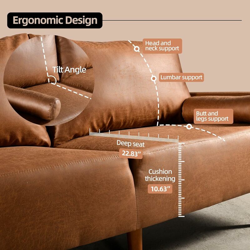 أريكة حديثة 3 مقاعد من منتصف القرن ، جلد صناعي ، أريكة سحابية مريحة مع 23 مقعد عميق ، أريكة مريحة لغرفة المعيشة ، 79 بوصة