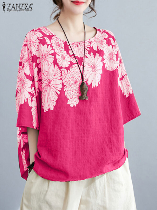 ZANZEA-túnica holgada con estampado Floral para mujer, Blusa holgada de gran tamaño con cuello redondo, Blusa informal Retro de manga 3/4