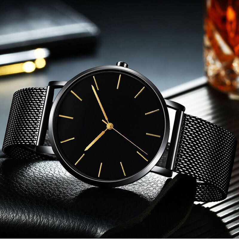 Jam tangan olahraga pria, gelang magnetik, sangat tipis jam tangan kuarsa, jaring ramping baja tahan air hitam