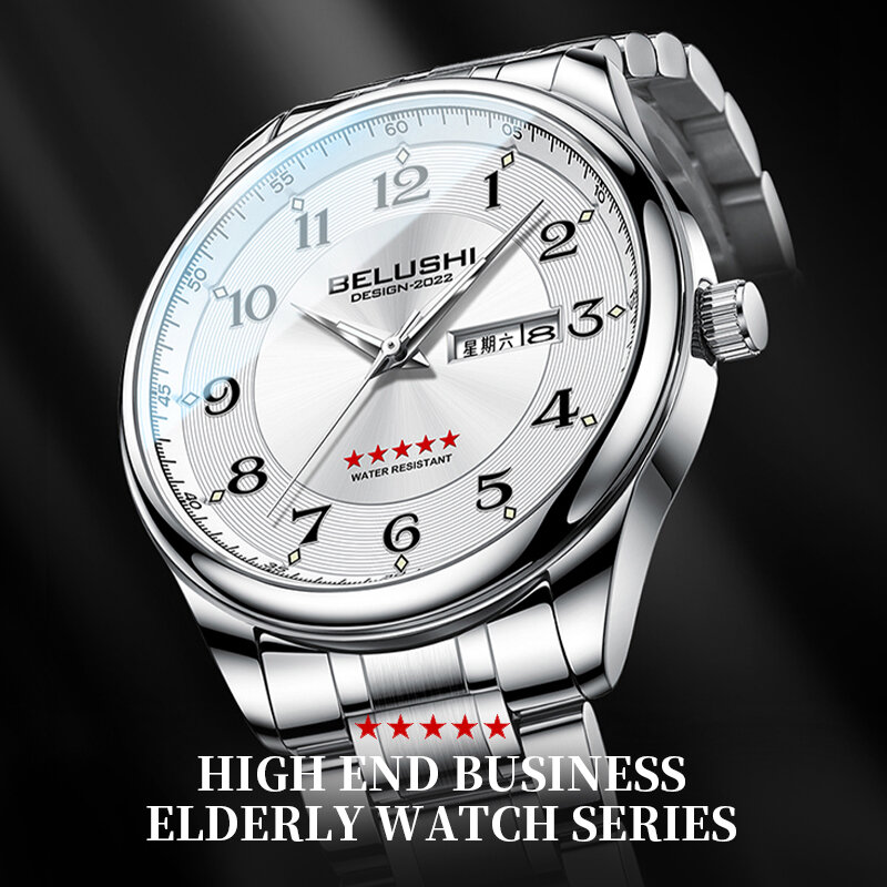 BELUSHI-Relojes de pulsera de acero inoxidable para hombre y mujer, cronógrafo de cuarzo, luminoso, para negocios, Unisex