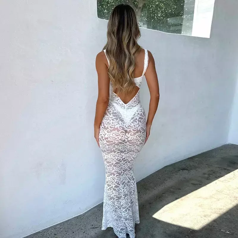 Белое Кружевное облегающее платье, женское летнее платье на бретелях-спагетти 2024, длинное Сексуальное Платье макси с открытой спиной для ночного клуба, модель MYQH04
