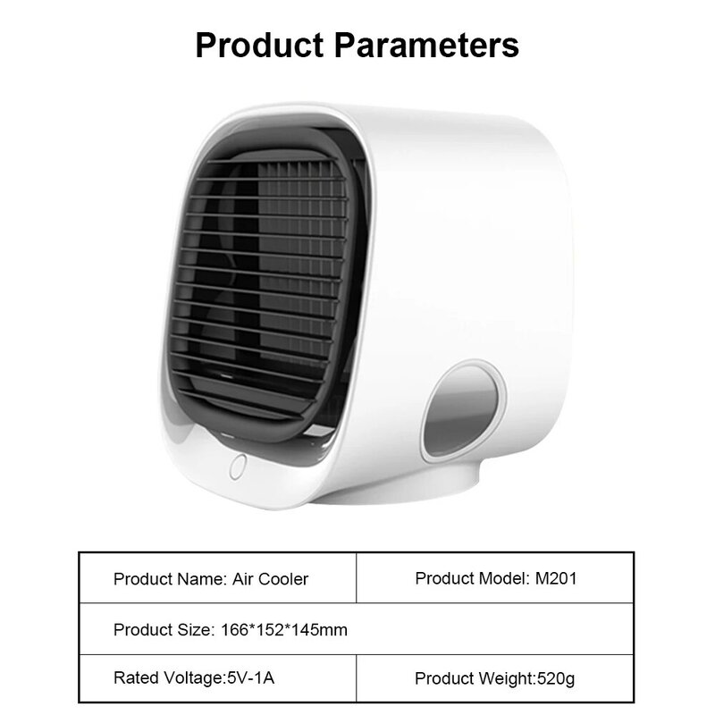 Ar Condicionado Portátil e Umidificador, Ventilador de Refrigeração Silencioso, Ar Condicionado, Purificador, 3 Velocidades, Desktop, Casa, Sala, Escritório