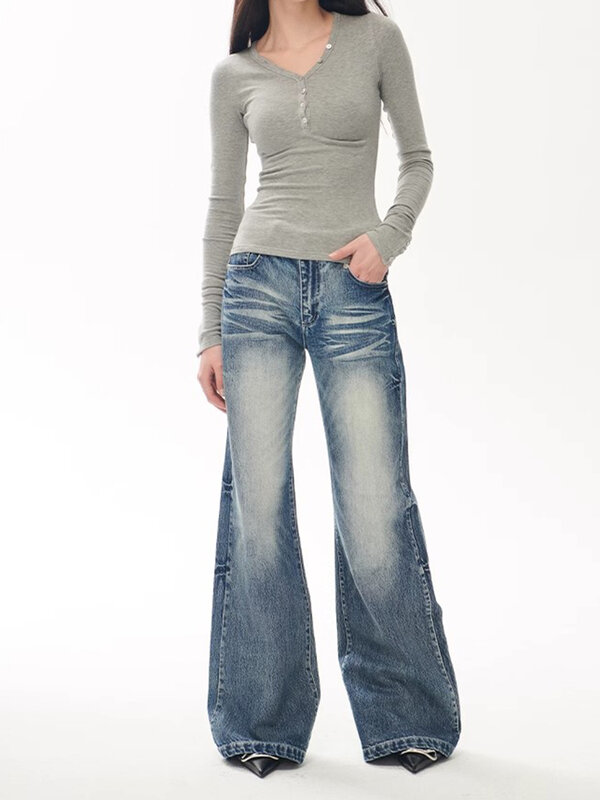 American Vintage Fashion High Waist Straight Jeans Women's Street Style Wide Leg Pants Y2K Baggy Denim Trouser